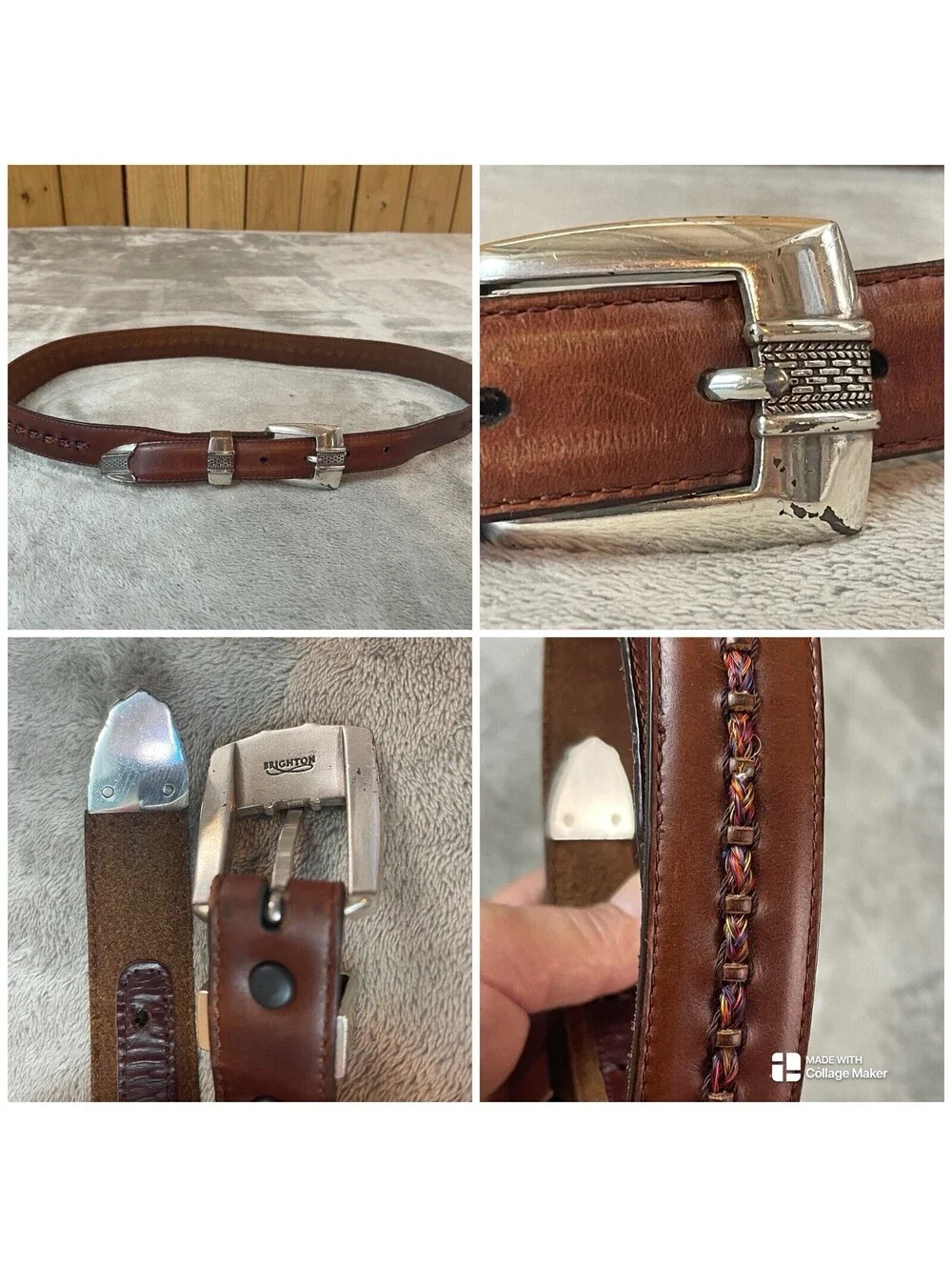 Brighton Brown Leather Belt Woven Fabric Center Men’s Size 36